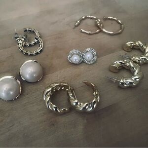 Gold Tone & Pearl Earring Lot - Mixed Hoop and Stud Set